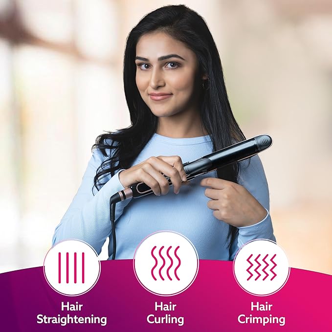 AGARO 3in1 Hair Styler, Straightener, Crimper, Curler For Women HS1119, Keratin Infused Ceramic Coated Plate, Variable Style Settings, Hair styling, Colour Black & Rose Gold