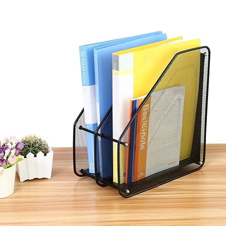 KEBICA 2 Leyar Mesh Metal Desk Organiser File Rack Letter Tray A4 Papers Documents Holder Desk Organizer for Home and Office with Slidable Compartments, Sliding Shelf - Black