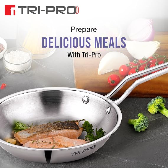 TriPro TriPly Stainless Steel 4 Pcs Cookware Set - Kadai 22cm (2L) with Glass Lid, Frypan 22cm (1.2L), Saucepan 14cm (1L), Consumes Less Oil, Healthy Cooking - Induction and Gas Stove Ready