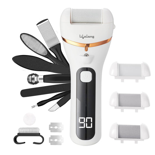 Lifelong PediGlide+ 14-in-1 Callus Remover | 14-in-1 Pedicure Kit | Electric Foot Scrubber | 3 Changeable Roller Heads | 3 Speed Settings | Crack Heel Repair | Dead Skin Remover | IPX6 Waterproof