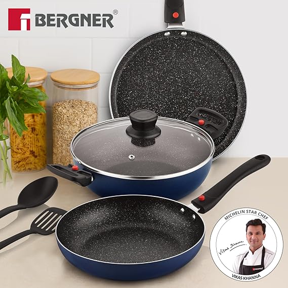 Bergner Sherry Plus 5-Layer Non-Stick Coating 6 Pcs Cookware Set with Induction Bottom and Detachable Handle, 24cm/2.5L Kadai with Lid, 24cm/1.6L Frypan, 25cm Dosa Tawa, 2 Nylon Spatulas(RD)