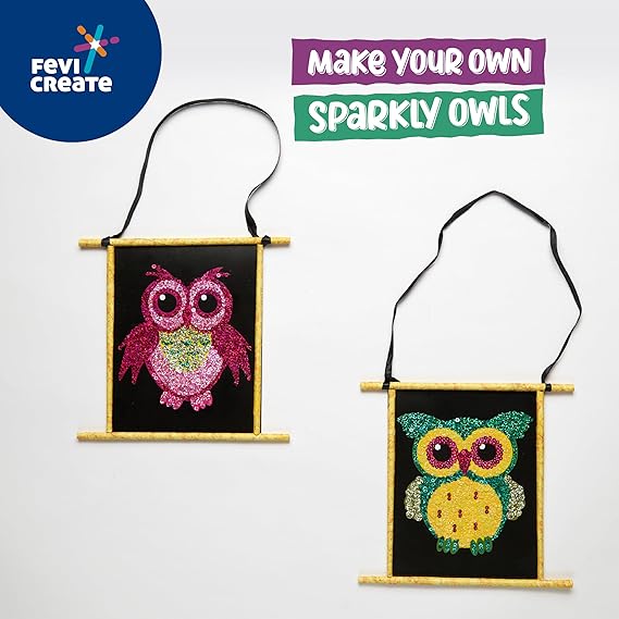 Art Owl Craft Kit | Sequin Art Fridge Magnets on Owl Templates with Multi-coloured Sequins, Magnets & more | Boost child's creativity | By Fevicol | Return Gift for Kids Age 5+ years