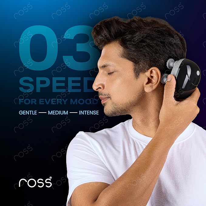 Ross Rechargeable Electric Scalp Massager for Hair Growth & Stress Relief | 4 Rotating Heads, 96 Silicone Kneading Points | 3 Massage Modes | IPX7 Waterproof | Cordless USB-C Head & Body Massager