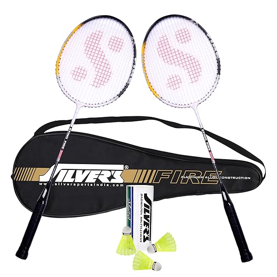 Silver's Aluminium Fire Badminton Kit (2 Racquets with Full Cover, 1 Box Shuttlecock Pack of 3) Black, Aluminium, FIRE Combo 2 with Nylon Shuttle, Black/White (ASL)