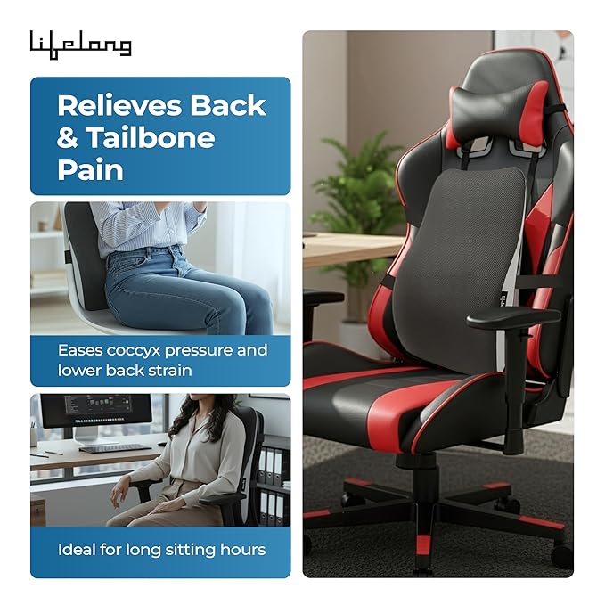 Lifelong Back Support Cushion for Office Chair & Car | Ergonomic Memory Foam Design for Better Posture, Reduced Fatigue, and Comfortable Sitting During Work or Travel
