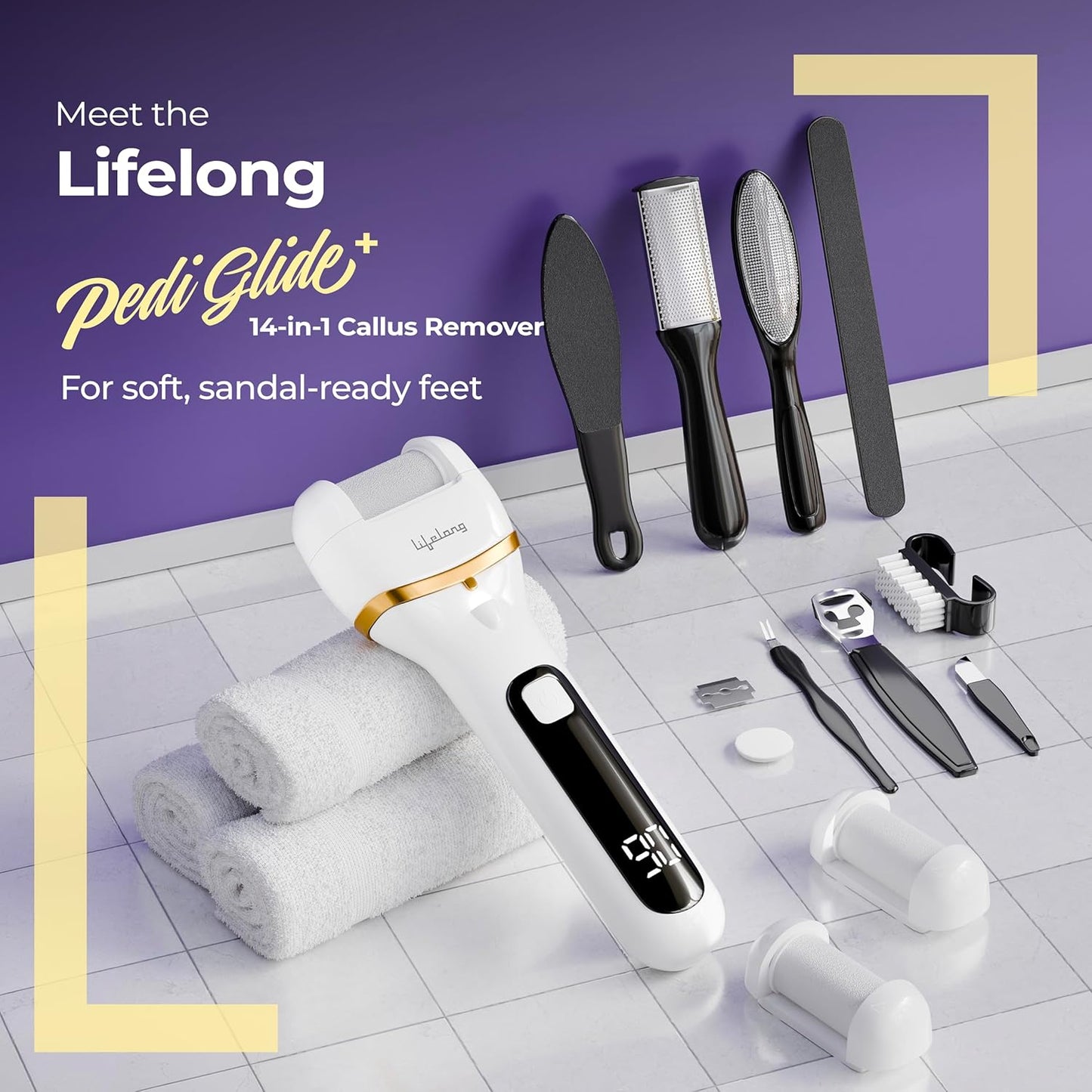 Lifelong PediGlide+ 14-in-1 Callus Remover | 14-in-1 Pedicure Kit | Electric Foot Scrubber | 3 Changeable Roller Heads | 3 Speed Settings | Crack Heel Repair | Dead Skin Remover | IPX6 Waterproof