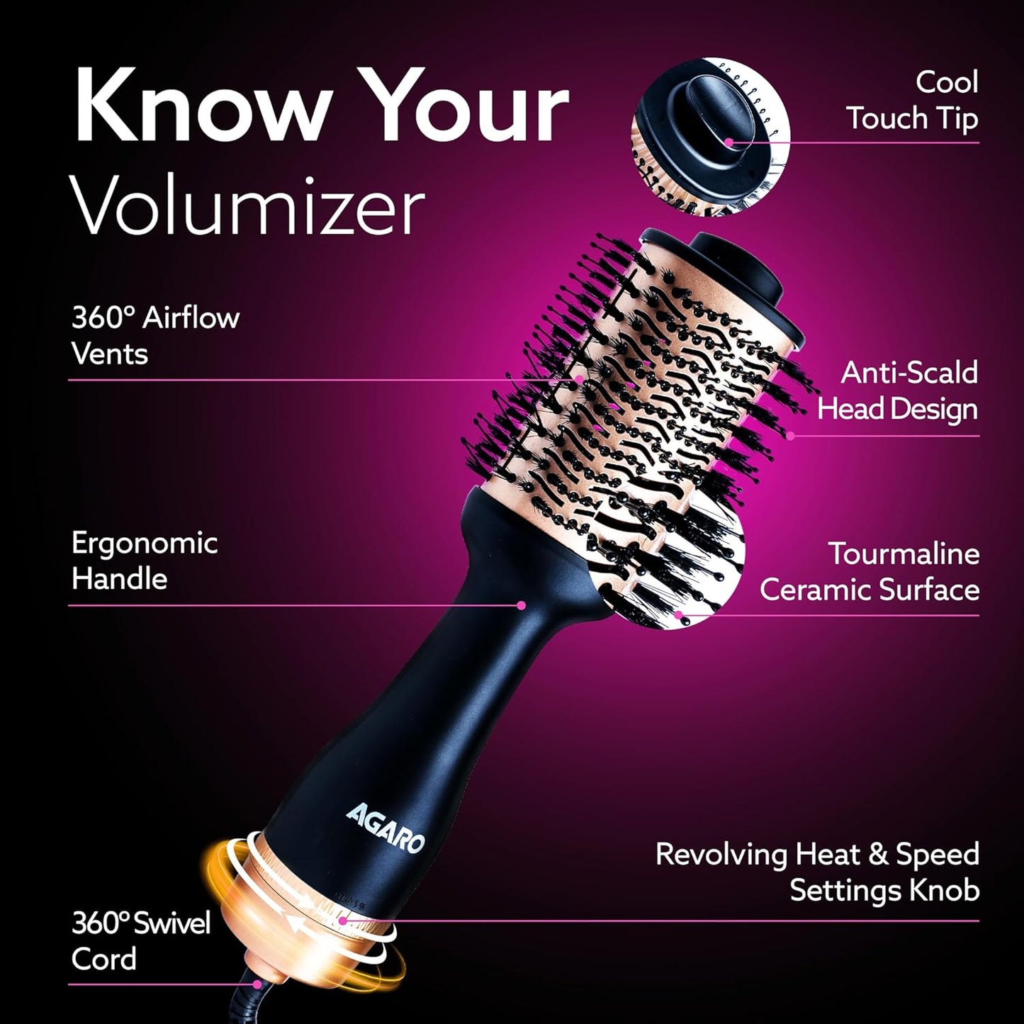 AGARO HV2179 Hot Air Brush for Hair, Blow Dryer Brush, Volumizer & Styler, 360° Airflow Vent, Oval Barrel for Hair Volume, Charcoal Bristles, Ceramic Coating Brushing Head, 1200W, Gold & Black