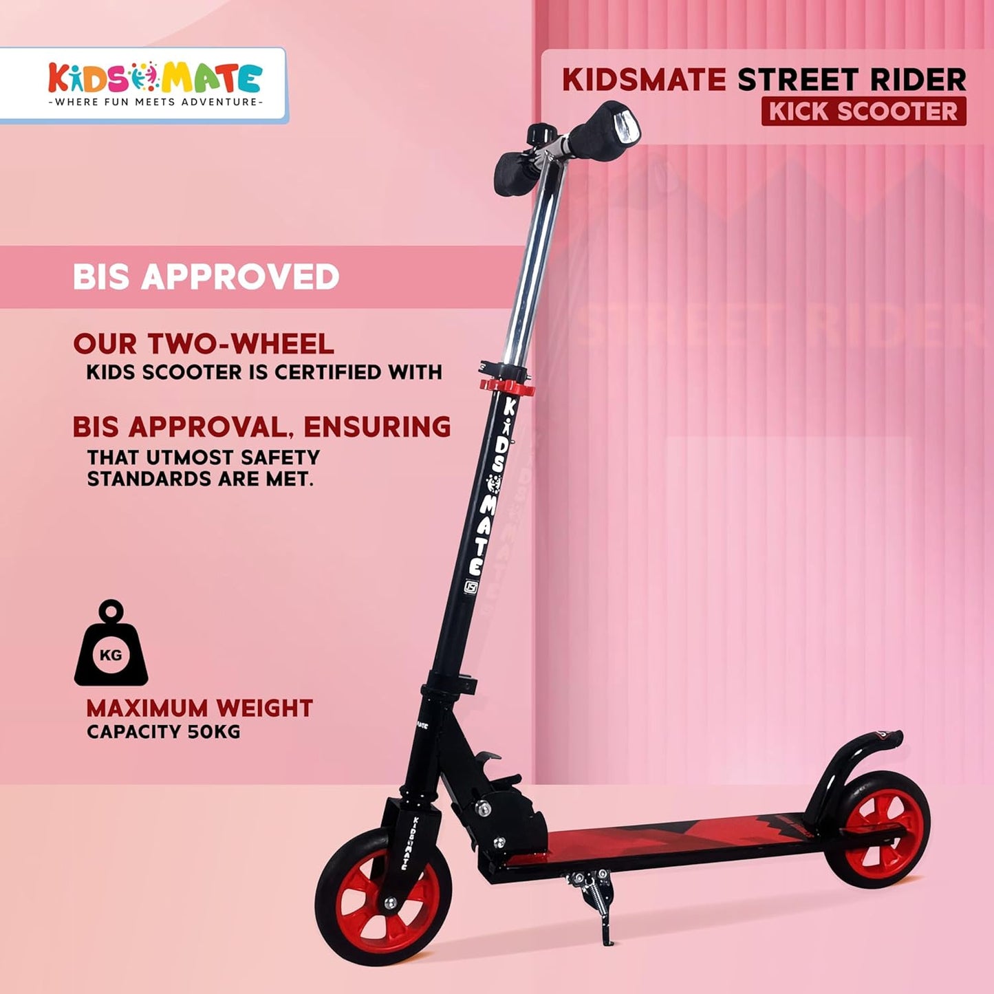 Kidsmate Street Rider Kick Scooter for Kids of Age 6-13 Years | 2 Wheel Scooter, Foldable Design, 3 Adjustable Height Option with Rear Braking | Max User Weight 50kg  (ASL)
