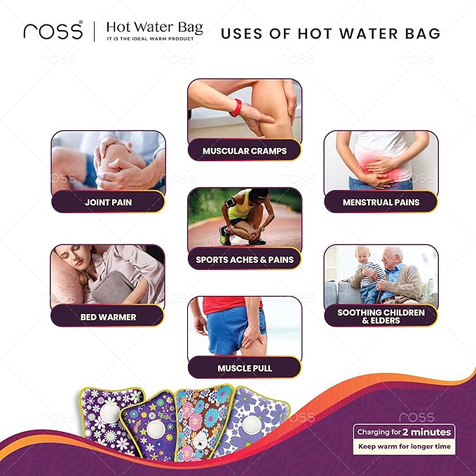 Ross Electric Hot Water Bag & Heating Pad | Rechargeable Gel Hot Bag for Pain Relief, Back Pain, Cramps, Muscle Aches & Winter Warmth | Fast Heating, No Water Filling Needed, Soft Fabric | Men & Women