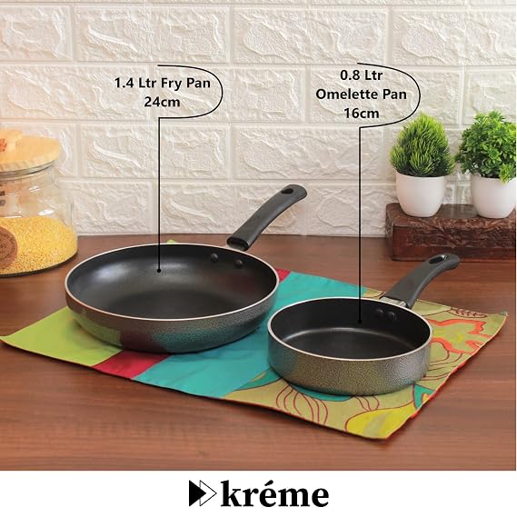 Kreme 5-Piece Non-Stick Cookware Set with Fry Pan, Kadai & Saucepan | Durable Non-Stick Coating | Gas Stove Compatible | Ergonomic Handle(SD)