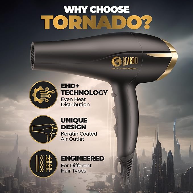 BEARDO Studio Professional Tornado Hair Dryer With 2000 Watts Power|Ac Motor, Concentrator, Diffuser, 2 Speeds, 3 Temperature Settings & Cool Shot Feature|For Professional Drying Experience|Black (SD)