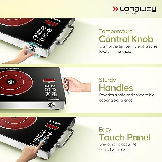 Longway Infralite Pro ICT 2200 W Infrared Cooktop with Free Stainless Steel Grill | Auto Shut Off & Overheat Protection