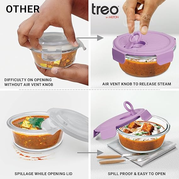 Treo by Milton Lumino Fresh Round Borosilicate Glass Lunch Box Set of 3, Purple Lid, 400 ml Each with Lunch Bag, Microwave & Dishwasher Safe, Leak Proof Containers Office Tiffin Visit the Treo Store