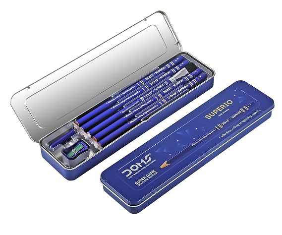 Doms Superio Super Dark Graphite Pencils Pack of 10 Pencils| With FREE 1 Eraser 1 Pencil Sharpner 1 Point Protection Cap & 1 Cleaning Brush| With Storage Case Metal Body