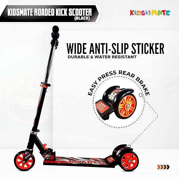 Kidsmate Roadeo Metal Kick Scooter for Kids | Adjustable Height Scooter | Foldable & Attractive PVC Wheels with Rare Brakes for Kids of Age 3+ Years (ASL)