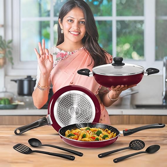 Milton Pro Cook Induction Cookware & Gas Stove Friendly Kitchen Jewel Plus Granito 7 Pc Cookware Set | Fry Pan 24cm | 24cm Kadhai with Glass Lid | Tawa 25cm | 2 Nylon Ladle & Spatula (RD)