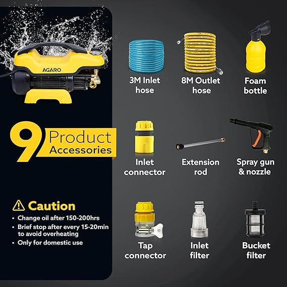 AGARO Supreme Plus Pressure Washer, Car Washer, 2200 Watts Motor, 8L/Min Flow Rate, 140 Bars, Adjustable Pressure Regulator, 8M Outlet Hose, 4M Power Cord, Car, Bike & Home Cleaning, Yellow (RD)