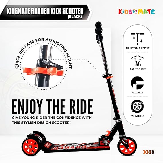 Kidsmate Roadeo Metal Kick Scooter for Kids | Adjustable Height Scooter | Foldable & Attractive PVC Wheels with Rare Brakes for Kids of Age 3+ Years (ASL)