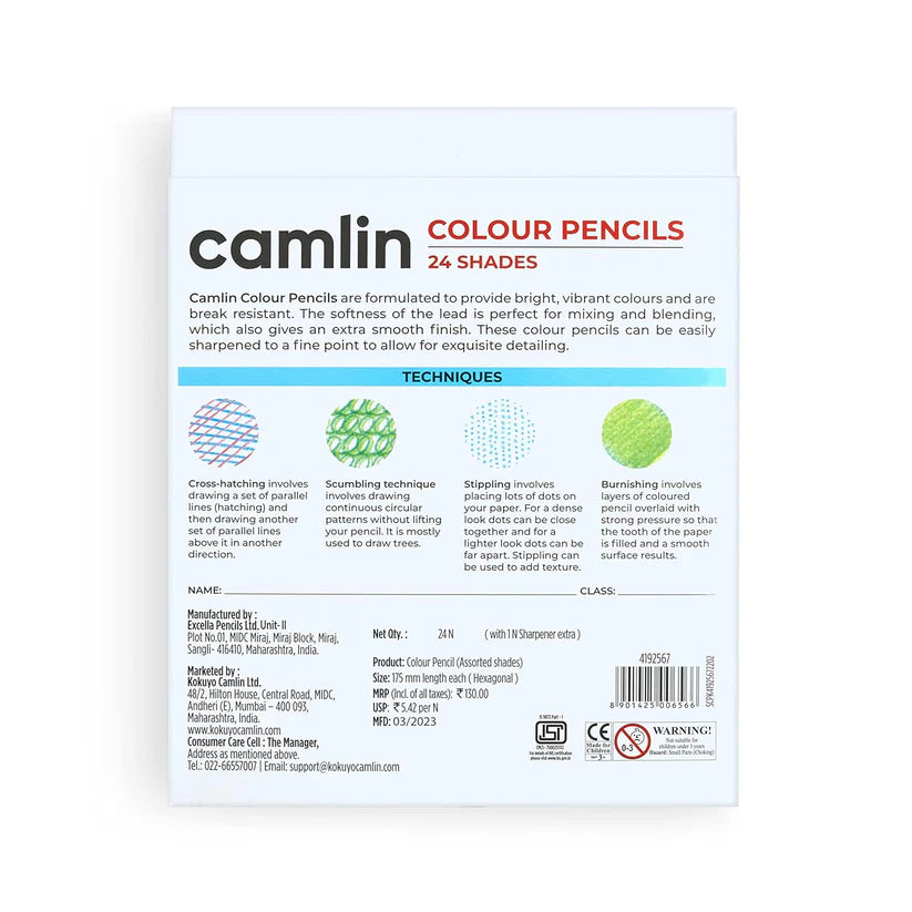 Camlin Colour Pencils 24 Shades Set with Sharpener – Bright & Smooth Coloring