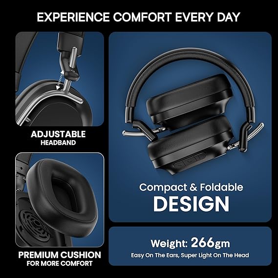HAMMER Bash Pro 33 dB Hybrid ANC Over Ear Wireless Headphones, 4 Mics for Clear Calling, Charge 10mins = 300mins playtime, 40mm Driver, Transparency Mode, 37Hrs Playtime, Super soft Cushion, 5.3 Black (SD)