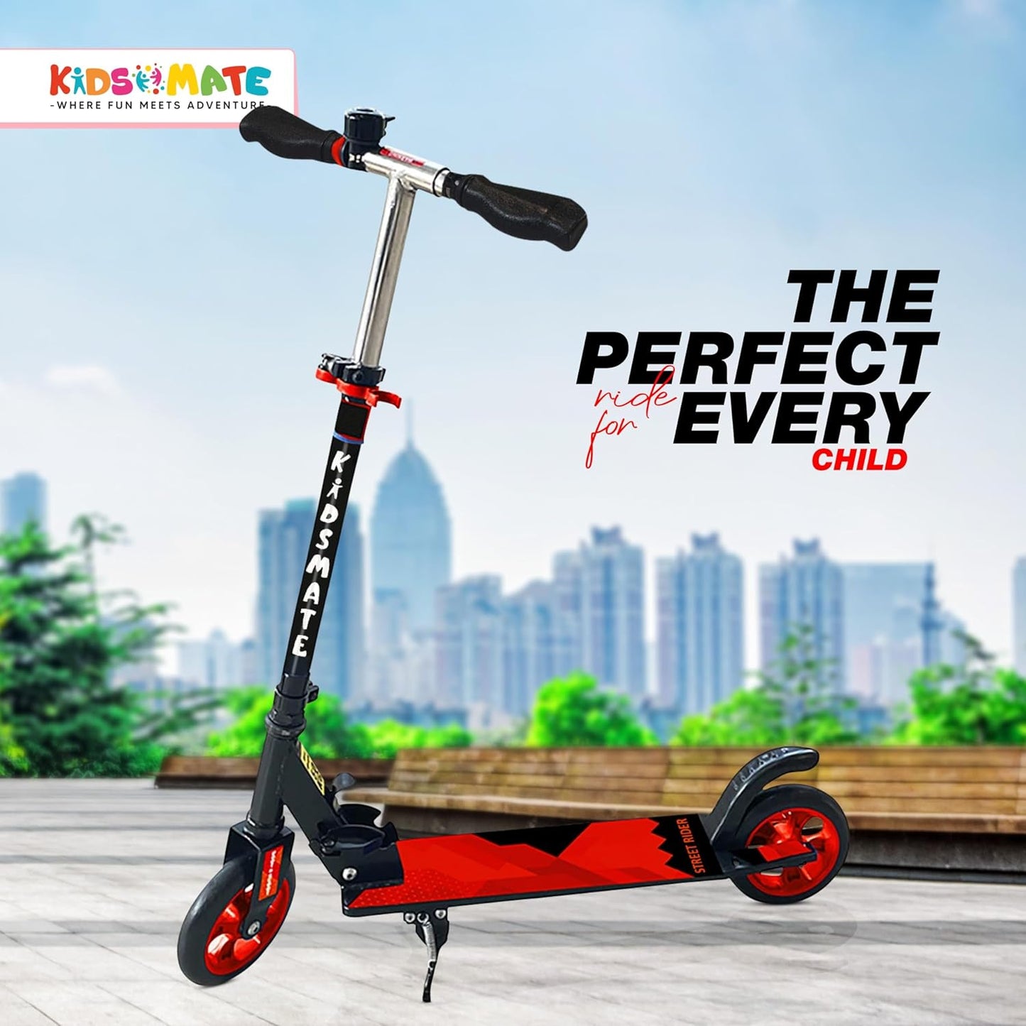 Kidsmate Street Rider Kick Scooter for Kids of Age 6-13 Years | 2 Wheel Scooter, Foldable Design, 3 Adjustable Height Option with Rear Braking | Max User Weight 50kg  (ASL)