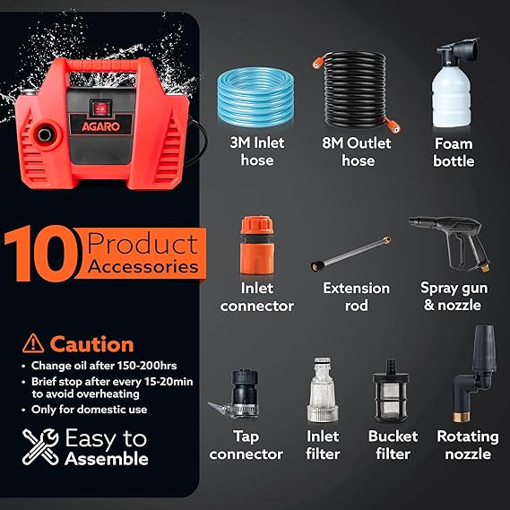AGARO Regent High Pressure Washer | 1600W Motor | 120 Bar Max Pressure | 5.5 L/Min Flow Rate | Portable Electric Washer for Car, Bike, Walkways & Home Cleaning | 8M Outlet Hose Pipe Included (RD)