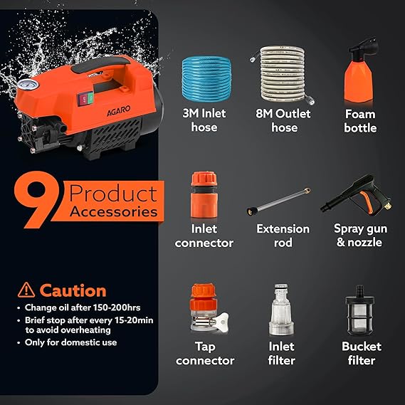 AGARO Supreme High Pressure Washer, Car Washer, 1800 Watts Motor, 120 Bars, 6.5L/Min Flow Rate, 8 Meters Outlet Hose, Portable, Car, Bike & Home Cleaning,Orange (RD)
