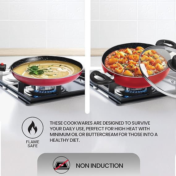 Milton Pro Cook Kitchen Pride Set of 5 Non Stick Cookware | Non Induction I Cooking Pan, Kadhai with Lid, Tawa, Nylon Laddle & Spatula (RD)