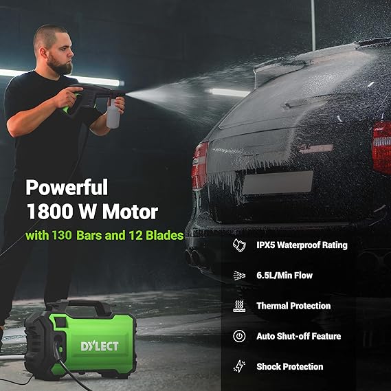 [Upgraded 2026] DYLECT® Ultra Clean Plus High Pressure Car Washer, 1800 Watts Motor, 130 Bars Pressure, 6.5L/Min Flow Rate, 5m Outlet Hose, Portable, for Bike and Home Cleaning, Incl. 11 Accessories  (RD)