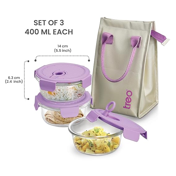 Treo by Milton Lumino Fresh Round Borosilicate Glass Lunch Box Set of 3, Purple Lid, 400 ml Each with Lunch Bag, Microwave & Dishwasher Safe, Leak Proof Containers Office Tiffin Visit the Treo Store