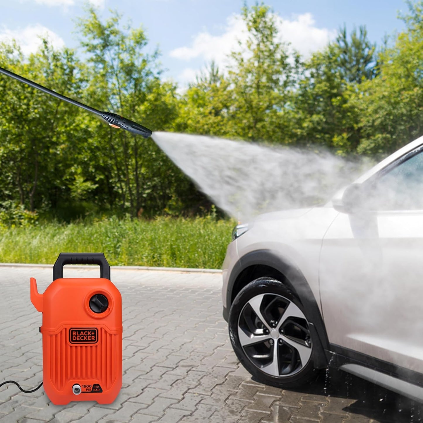 BLACK+DECKER BEPW1600 1300W 1600 PSI 110 Bar Pressure Washer for Car, Bike, Home & Garden Cleaning Use with Multiple Accessories Included, 1 Year Warranty, Orange & Black (RD)