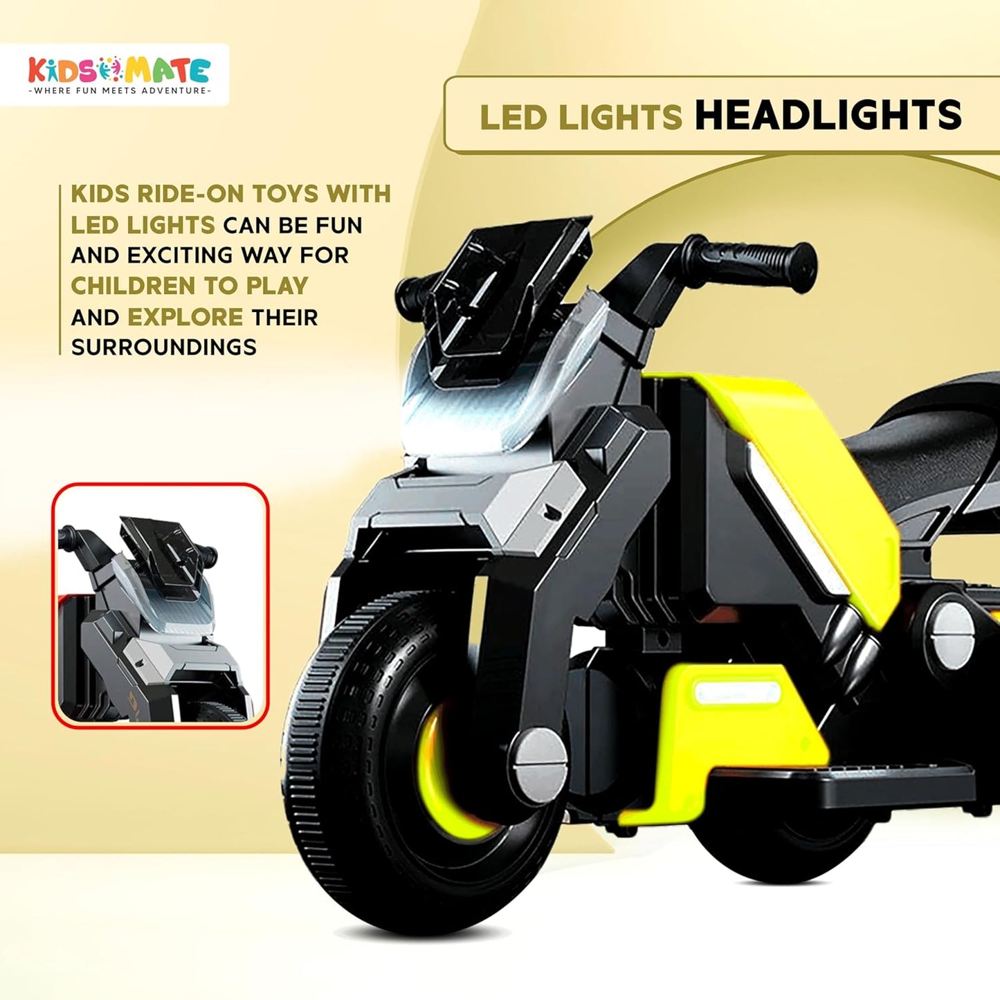 Kidsmate Hyrider 6V Electric Kids Bike with Rechargeable 6.5 Ah Battery Inbuilt Imported Motor Drive | Music Player, Front LED Light & Foot Accelerator Pedal Bike for Ages 1-4 Years (ASL)