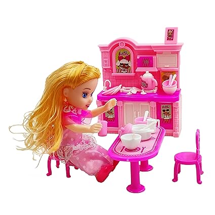 Doll Maria Kitchen Playset Toy with Kitchen Accessories, Dinner Table, Utensils, Cookware for Kids Girls