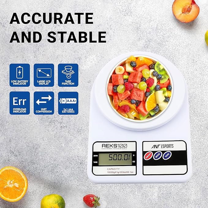 Ant Esports AEKS100 Kitchen Weighing Machine/Food Scale for Health, Fitness, Shop,Home Baking & Cooking with Large LCD Display,Tare Function, OverLoad Indicator, Weigh Up to 10Kgs, 30 Months Warranty
