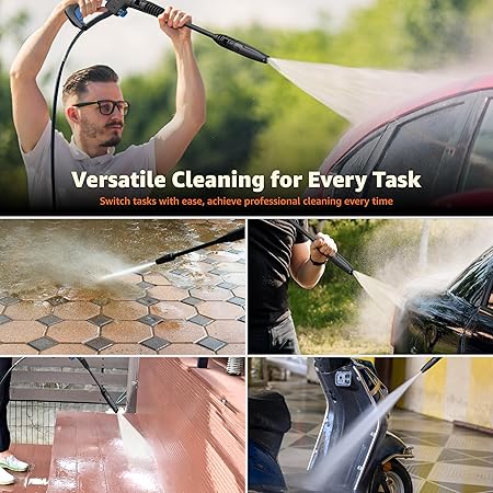 Amazon Basics Pressure Washer 1800W, 105 Bar, 6.5 L/min Flow, 5m Power Cord, 10m Hose, Copper Winding Motor, Auto Stop | Includes 8 Accessories | Ideal for Car, Bike, Home and Outdoor Cleaning (RD)