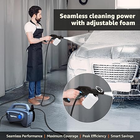 Amazon Basics Pressure Washer 1800W, 105 Bar, 6.5 L/min Flow, 5m Power Cord, 10m Hose, Copper Winding Motor, Auto Stop | Includes 8 Accessories | Ideal for Car, Bike, Home and Outdoor Cleaning (RD)