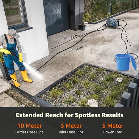 Amazon Basics Pressure Washer 1800W, 105 Bar, 6.5 L/min Flow, 5m Power Cord, 10m Hose, Copper Winding Motor, Auto Stop | Includes 8 Accessories | Ideal for Car, Bike, Home and Outdoor Cleaning (RD)