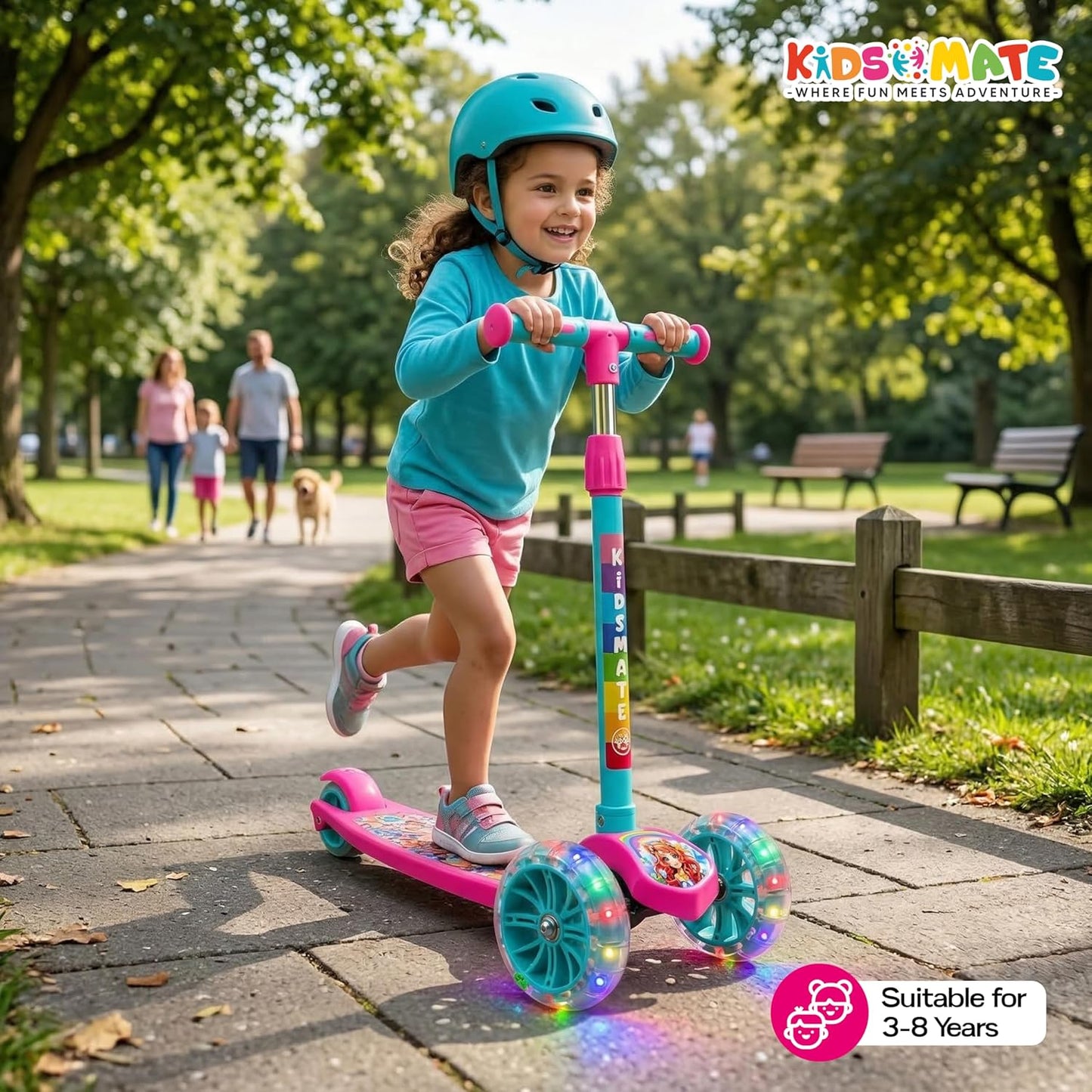 Kidsmate Rider Pro Kick Scooter with Broad PU LED Wheels | 3-Wheel Skating Scooter for Boys & Girls of Ages 2-12 Years | Level Adjustable Height, and Easy Fold Design (ASL)