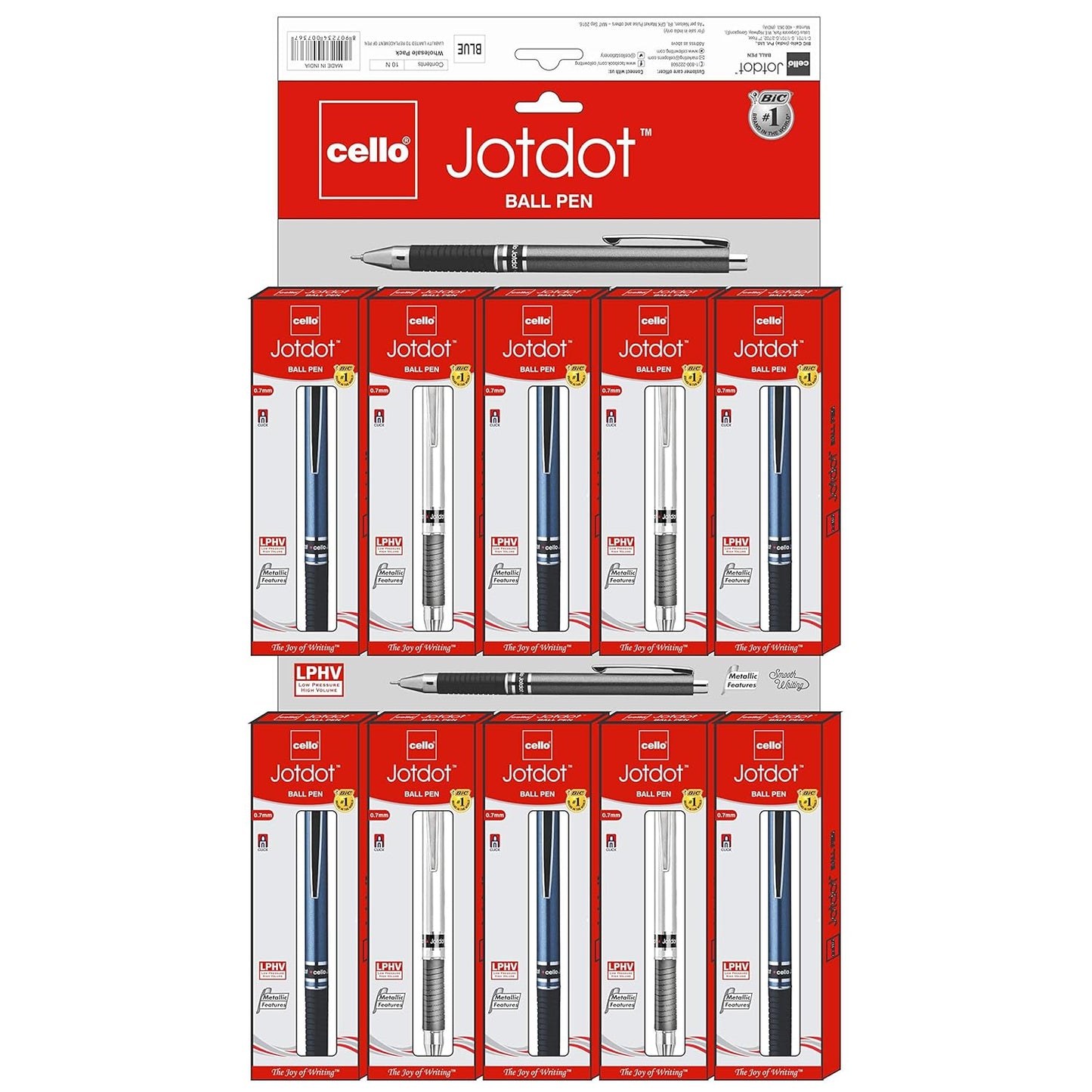 Cello Jotdot Ball Pen - Pack of 10 (Ink- Blue,body Color - Multiple)