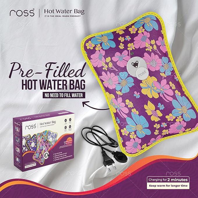 Ross Electric Hot Water Bag & Heating Pad | Rechargeable Gel Hot Bag for Pain Relief, Back Pain, Cramps, Muscle Aches & Winter Warmth | Fast Heating, No Water Filling Needed, Soft Fabric | Men & Women