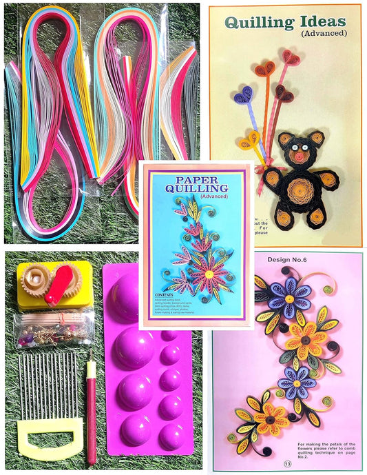 Beads & Crafts: Paper Quilling Tools Kit with Advanced Quilling Guiding Book, Quilling Needle, Background Cards, 5mm Quilling Strips (400), Earing Hooks, Tooth Picks, Flower Making Raw Material