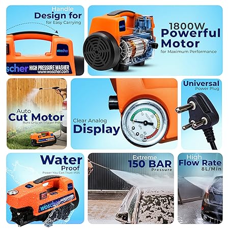 Woscher AquaWash Car Washer High Pressure Gun Pressure Washer for Car, Car Washing Pump for Car, Bike and Home Use Cleaning | 18 Months Warranty | 1800 Watts | 150 Bars | (RD)