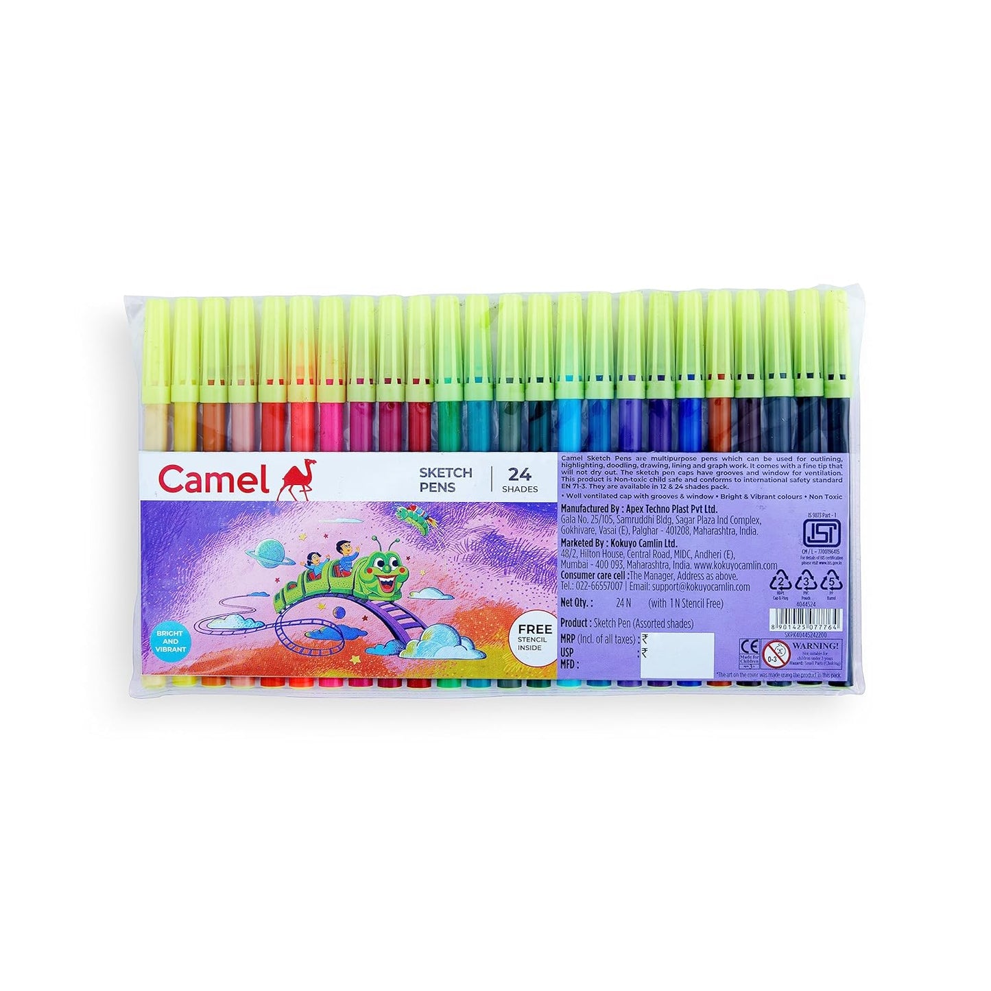 Camlin Sketch Pens with Free Stencil - 24 Shades (Multicolor)