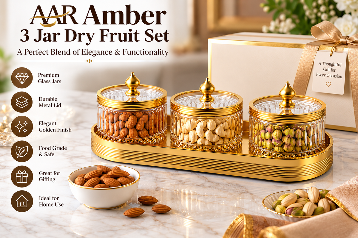 AAR Amber 3 Jar Dry Fruit Set with Golden Finish Lids and Serving Tray | Decorative Glass Jars for Dry Fruits, Nuts, Almonds, Cashews & Pistachios | Elegant Table Décor & Gifting Set