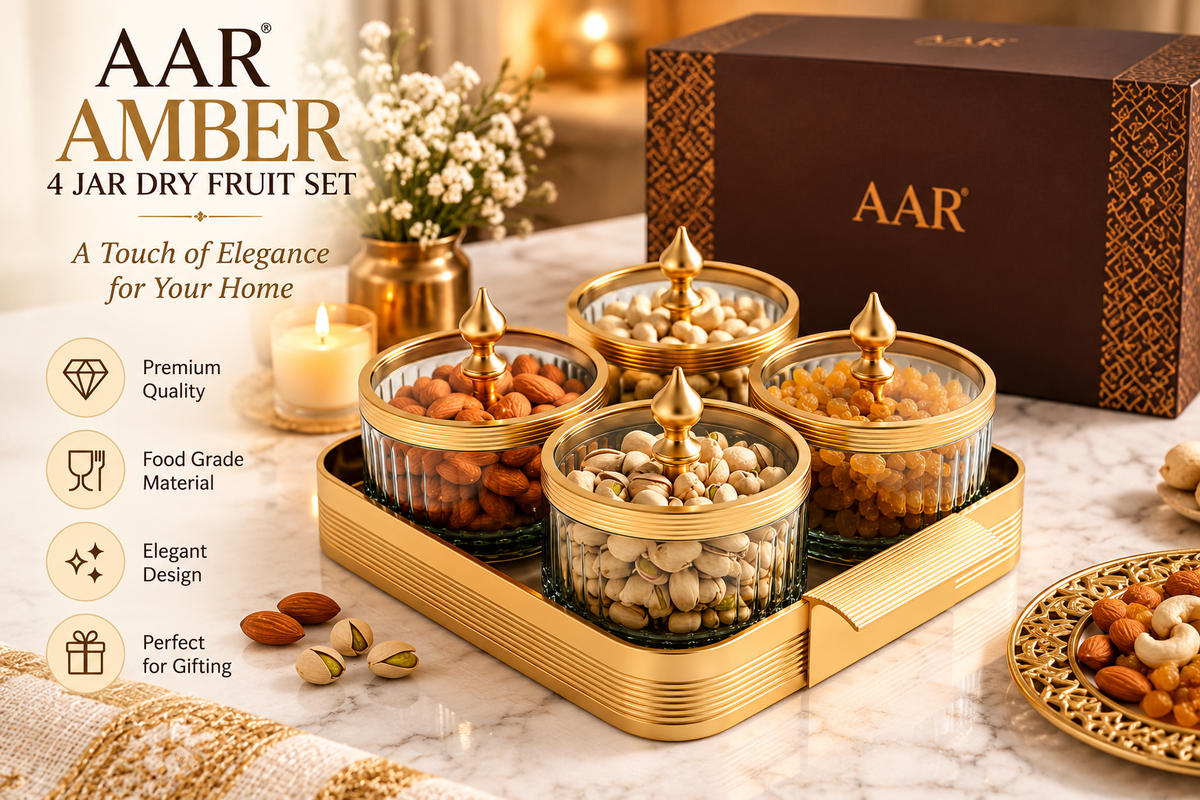 AAR Amber 4 Jar Dry Fruit Set for Kitchen & Dining | Elegant Storage Jars for Dry Fruits, Nuts, Snacks, Candies & Mouth Freshener | Decorative Countertop Organizer