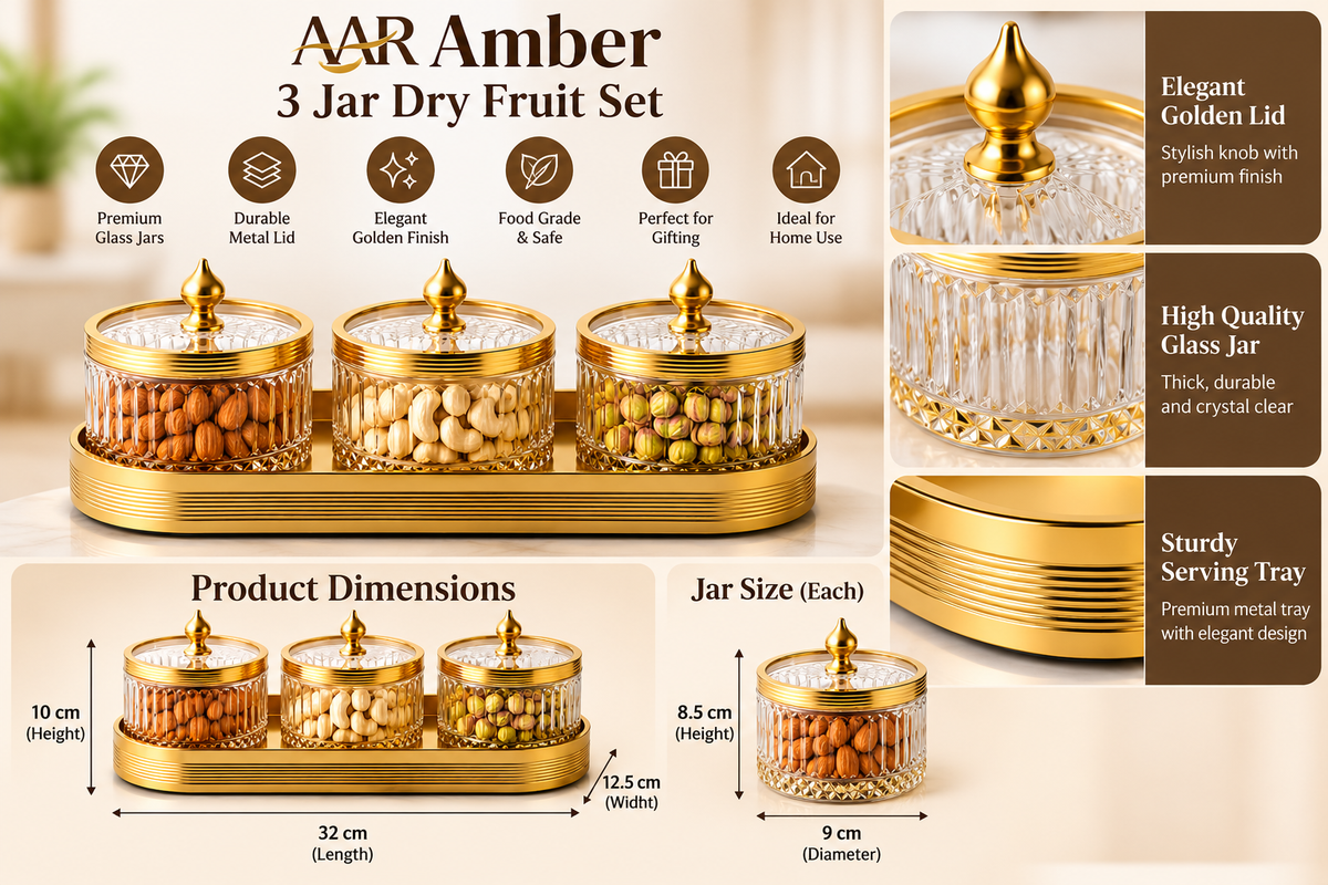 AAR Amber 3 Jar Dry Fruit Set with Golden Finish Lids and Serving Tray | Decorative Glass Jars for Dry Fruits, Nuts, Almonds, Cashews & Pistachios | Elegant Table Décor & Gifting Set