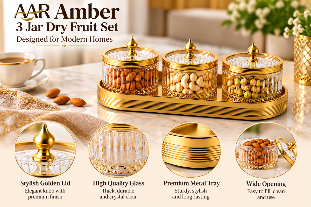 AAR Amber 3 Jar Dry Fruit Set with Golden Finish Lids and Serving Tray | Decorative Glass Jars for Dry Fruits, Nuts, Almonds, Cashews & Pistachios | Elegant Table Décor & Gifting Set