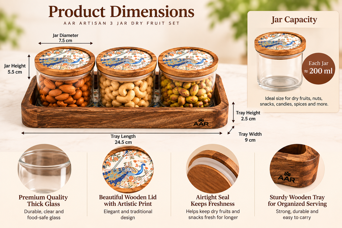 AAR Artisan 3 Jar Dry Fruit Set with Wooden Tray, Decorative Peacock Print Lids, Glass Storage Jars for Nuts, Almonds, Cashews, Pistachios & Snacks