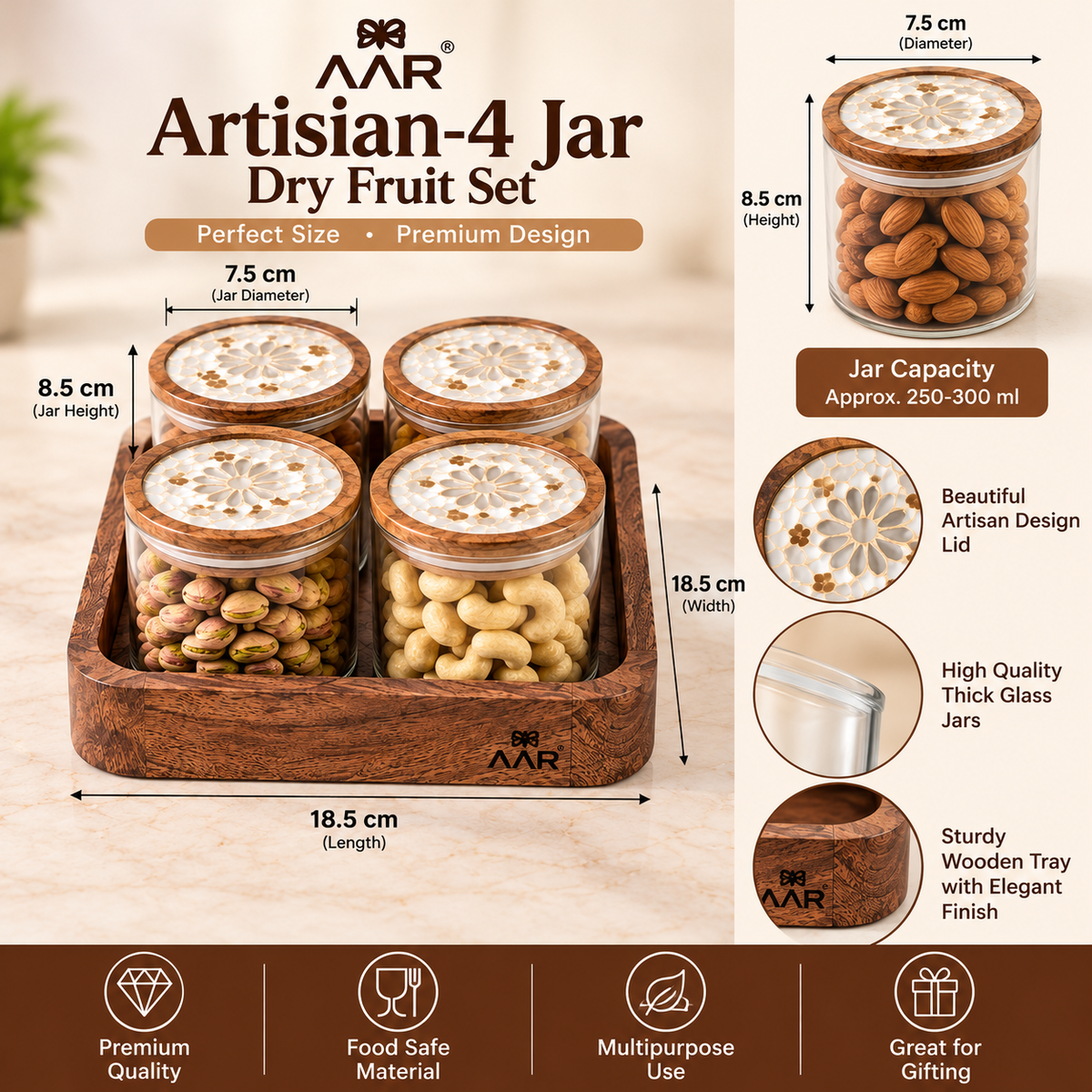 AAR Artisian 4 Jar Dry Fruit Set with Decorative Lids and Wooden Tray for Kitchen Storage and Dining Table