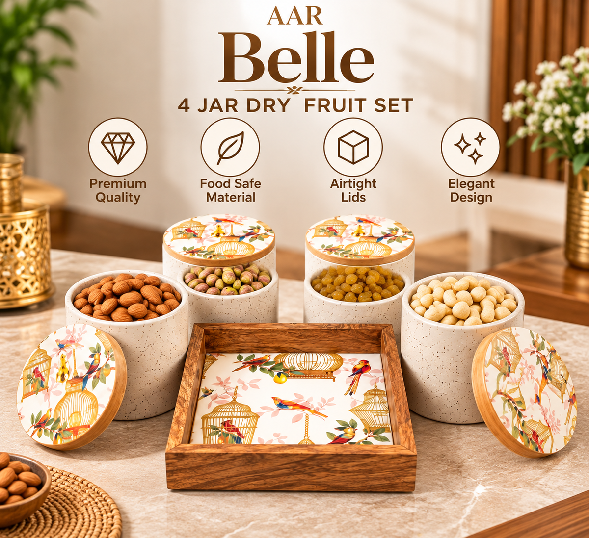 AAR Belle-4 Jar Dry Fruit Set | Stylish 4-Piece Storage Jar Set for Dry Fruits, Nuts, Snacks & Kitchen Use